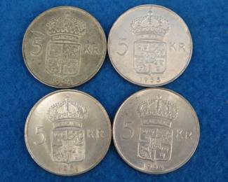 Lot 199. Four Swedish 5-Kroner silver coins. Each contain 40% silver. Total weight of the 4 coins in 72.3 grams.