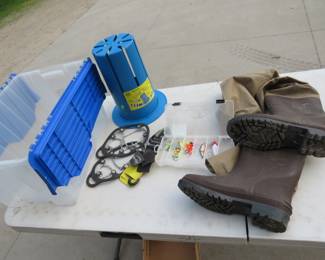 Lot 430. Fisherman's Tote: Jigs and lures, Ice cleats, Size 12 hip boots and more.