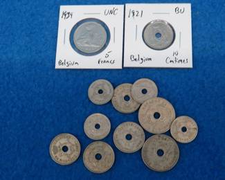 Lot 121. Coins from Belgium: 1939 5 Francs, 1921 Unc. 10 Centimes, Lot of ten 5, 10, and 25 centimes coins.