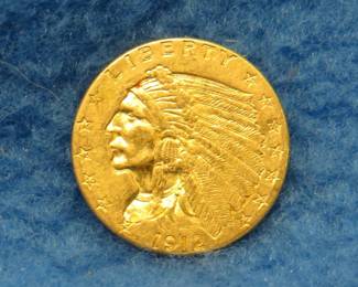 Lot 12. 1912 Indian Head 2 1/2 dollar gold piece. Weight is 4.14 grams.