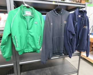 Lot 349. Three men's jackets. The green one is size med. The hoodie is XL and the zippered jacket is XL-reg.