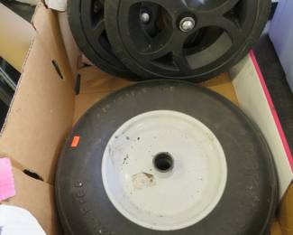 Lot 403. Garden cart wheels and a wheel. See photos for size and condition