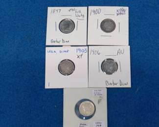 Lot 236. Barber Head dimes dated 1897 P, 1900 P, 1903 P, and 1906 P; and a 1918 P Mercury dime