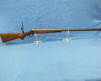 Lot 13. Winchester Model 1885 Creedmore 45-90. Single shot breechloading rifle. SN 00036MV85L. 34" Miroku barrel, globe front sight, aperture rear sight.
