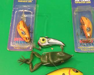 Lot 73. Rable Rouser Baby Ransaker, Rubber frog, Fat Papa with broken lip, and two Joe Camel baits