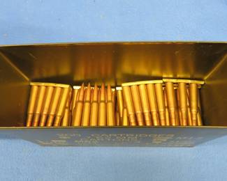 Lot 258. About 110 7 x 57 rounds on stripper clips with a military ammo can