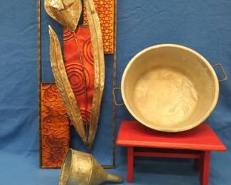 Lot 54. Metal wall art 39" x 14" x 1", vintage wooden step-stool, and more
