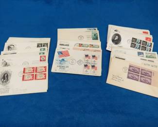 Lot 38. Over 50 First Day of Issue stamped envelopes. 1938-1965. Cachets and plain envelopes, addressed and unaddressed, single stamps and multiple stamps.
