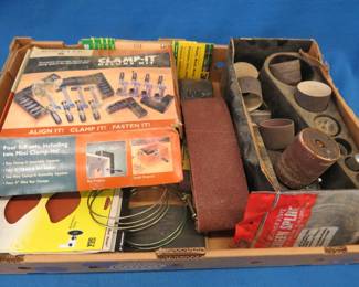 Lot 384. Sanding drums, sandpaper, clamps, and more