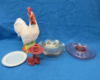 Lot 52. Glassware, large ceramic chicken, Wedgwood plate, and a Red Wing candlestick.