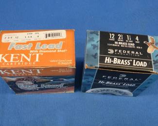 Lot 396. 25 Federal and 25 Kent (50 total) 12-gauge 4-shot shotgun shells