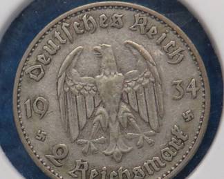 Lot 122. 1934 German 2-mark 62.5% silver coin