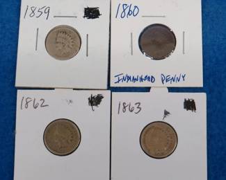 Lot 60. Four Indian head pennies. 1859, 1860, 1862, and 1863.