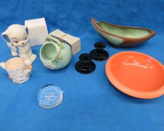 Lot 269. Collectible pottery and glassware including Frankoma, Dept. 56, Weller (with hairline) and more