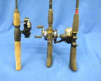 Lot 140. Spinning, spin-cast, and bait casting rods and reels. The spinning rod is light action. The others are medium action. All have good tips.