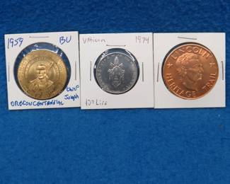 Lot 194. 1959 Oregon Chief Joseph BU Centennial medal, 1974 Vatican City 100 lire, and an Abraham Lincoln copper medal