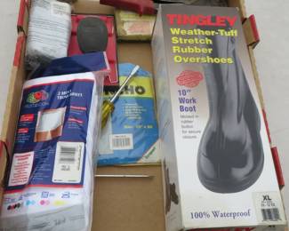 Lot 457. NIP men's underwear size 42-44, size 10 rubber overshoes, and more