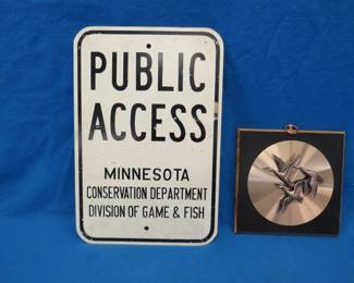 Lot 210. Old metal Public Access sign and duck-themed wall art