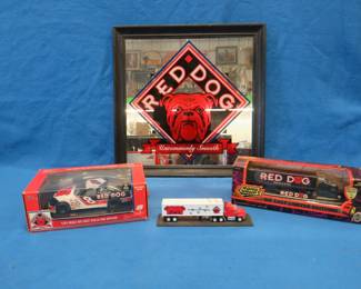 Lot 164. Red Dog Beer collectibles including a 18.5" x 18.5" mirror