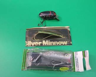 Lot 71. NIP (trimmed) Baby Lucky 13, NIP (trimmed) Johnson Silver Minnow, and a Millsite Rattlebug