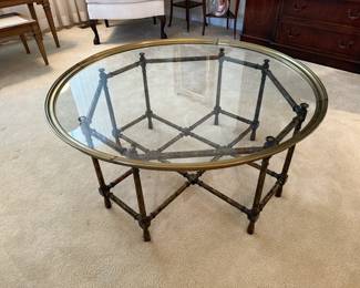 Vintage 1980's Baker Faux Bamboo Coffee Table with Glass and Brass