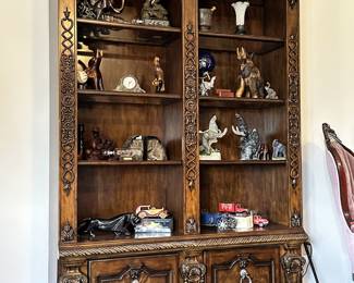 Wood Bookcase. Elephant sculptures, wood and marble