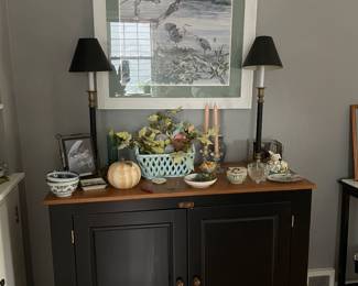 Cabinet, wall art, lamps, decor