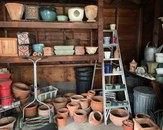So many great flower pots! Push manual mower, ladder