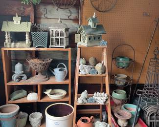So much fun garden decor, crocks, ladder, fencing, and more