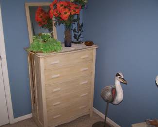 PAINTED CHEST OF DRAWERS, MIRROR & MISC.
