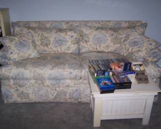 ETHAN ALLEN SOFA, WHITE-WASHED STORAGE TABLE, DVDs & CDs