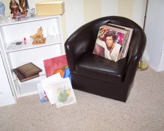 BLACK CLUB CHAIR, LPs, WHITE BOOKSHELF & SMALLS
