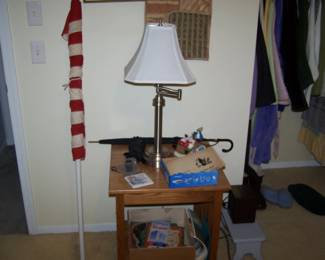 OAK LAMP TABLE, LAMP, FLAG & MISC.