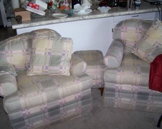 PAIR OF ETHAN ALLEN EASY CHAIRS  OTTOMAN
