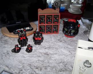 VINTAGE BLACK CAT, CREAM & SUGAR, SHAKERS, SPICE CABINET & COOKIE JAR