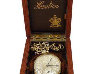 HAMILTON POCKET WATCH WITH BOX AND FOB CHAIN