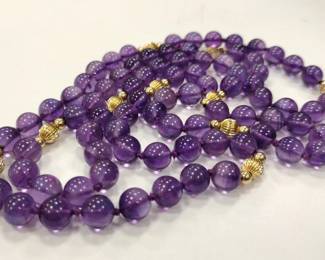 PURPLE GEMSTONE BEAD NECKLACE WITH 14K FLUTED BEAD SPACERS