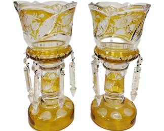 PAIR OF YELLOW CUT TO CLEAR LUSTERS WITH PRISMS