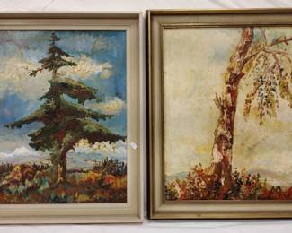 PAIR OF EXPRESSIONISM OIL PAINTINGS ON PANELS OF TREES