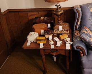 Collection of Boxes, End Tables, Lamps