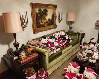 Gorgeous Vintage Velvet Sofa, Hollywood Regency Lamps, Bear Collection, 1950s Mantel Clock, Syroco, Gilt Framed Print