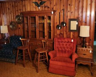Tell City China Cabinet, Vintage end tables, lamps, brass, stools