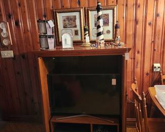 Oak TV cabinet, Wexford glass in original packaging, Lighthouse Bird Feeders, Religious Prints