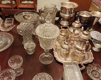Glassware and Siver plate including Champagne bucket and Diamond Point candy urn