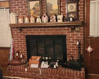 Bird Houses, Mantle Clock, Fireplace Tools, Prints