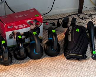 Kettlebells, knee pads for grappling and other sports, Indian clubs, exercise ball