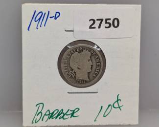 1911-D 90% Silver Barber Dime