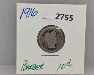 1916 90% Silver Barber Dime