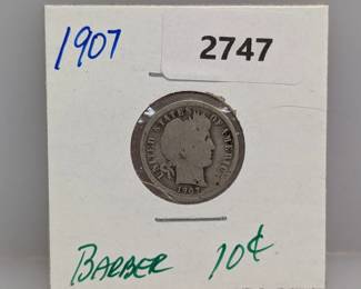 1907 90% Silver Barber Dime