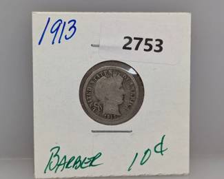 1913 90% Silver Barber Dime